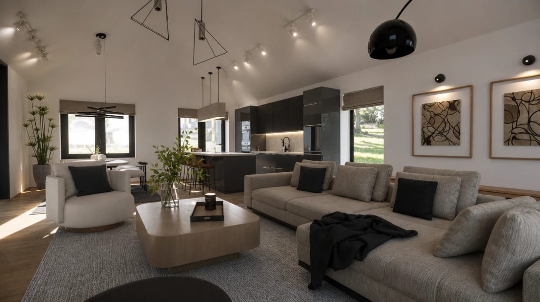 Open-plan living room and kitchen with a gray sofa, light-colored armchair, and coffee table.