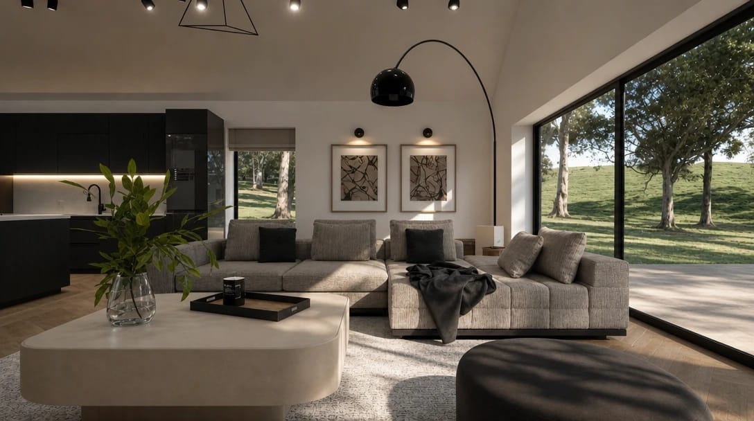Living room with an L-shaped sofa, an arc floor lamp, and a large window overlooking the garden.