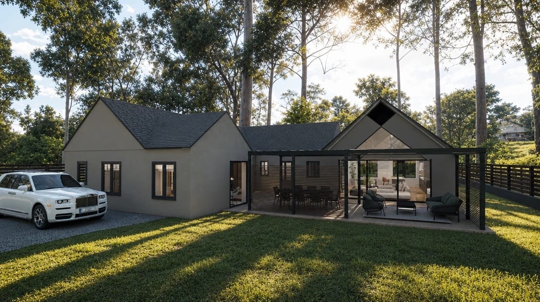 Exterior view of a single-story house with pitched roofs, a covered patio, and a lawn surrounded by trees.
