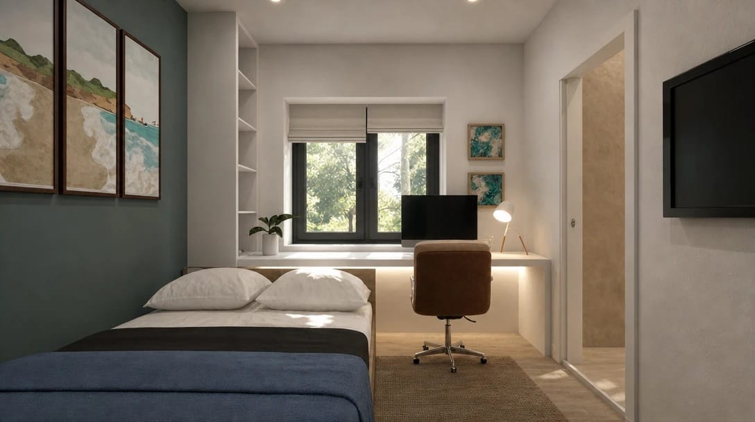 Bedroom with blue bedding, a muted green accent wall, and a built-in desk beneath the window with a monitor and brown office chair.