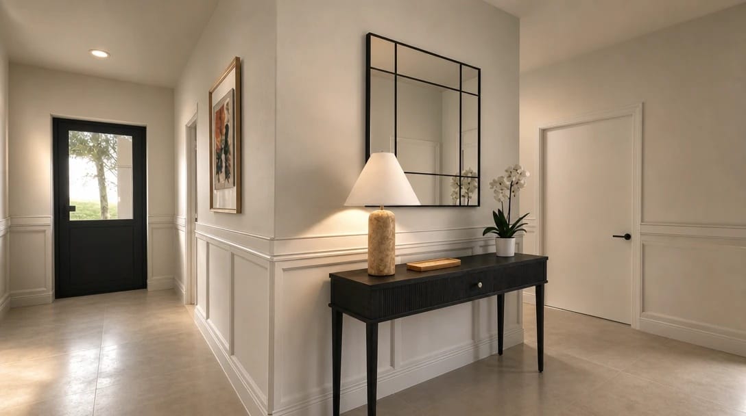 Entrance hallway with white wall paneling, a black console table, a table lamp, and a large black-framed mirror.