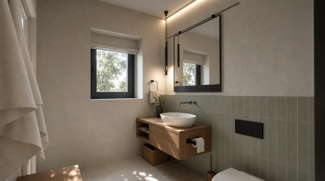 Bathroom with pale green wall tiles, a floating wooden vanity, a white vessel sink, and a black-framed mirror beside the window.