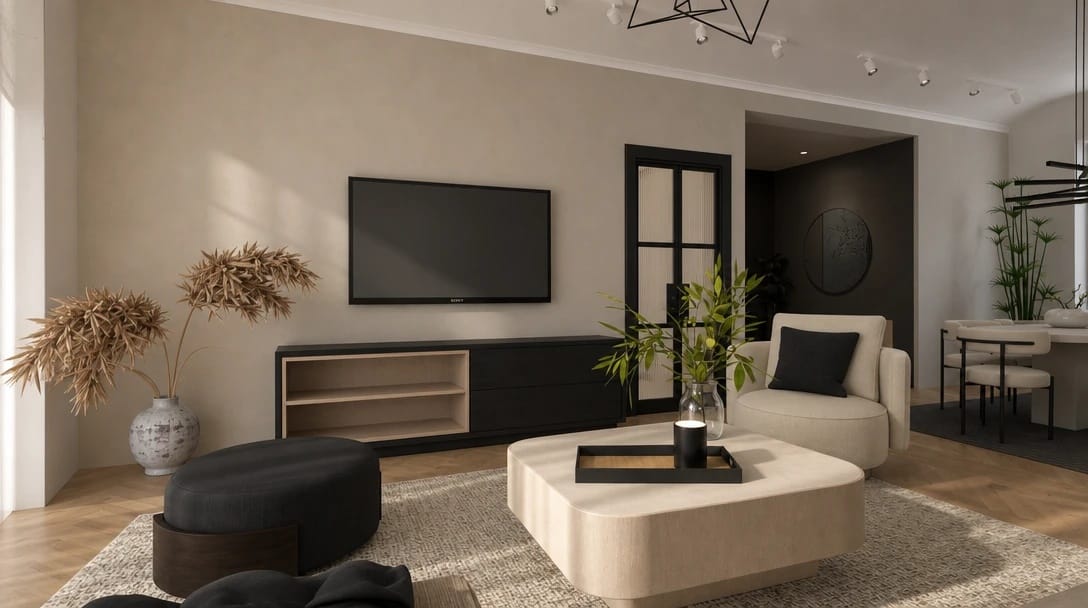 Living room with a wall-mounted TV, cream armchair, rounded coffee table, and black ottoman on a textured rug.