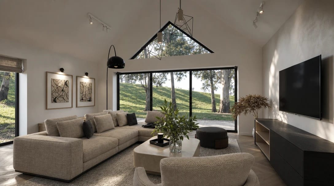 realistic render of an open-concept living room with big windows showcasing the garden