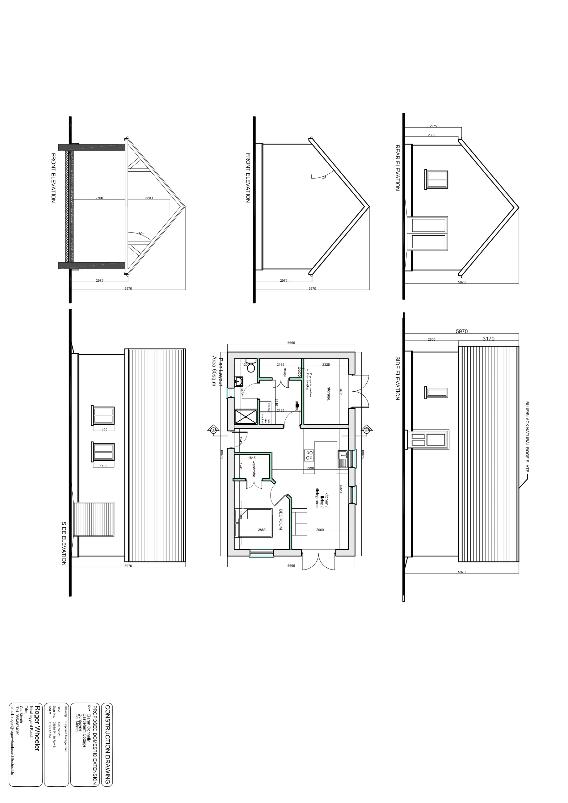 House extension drawing showing the floor plan and building elevations.