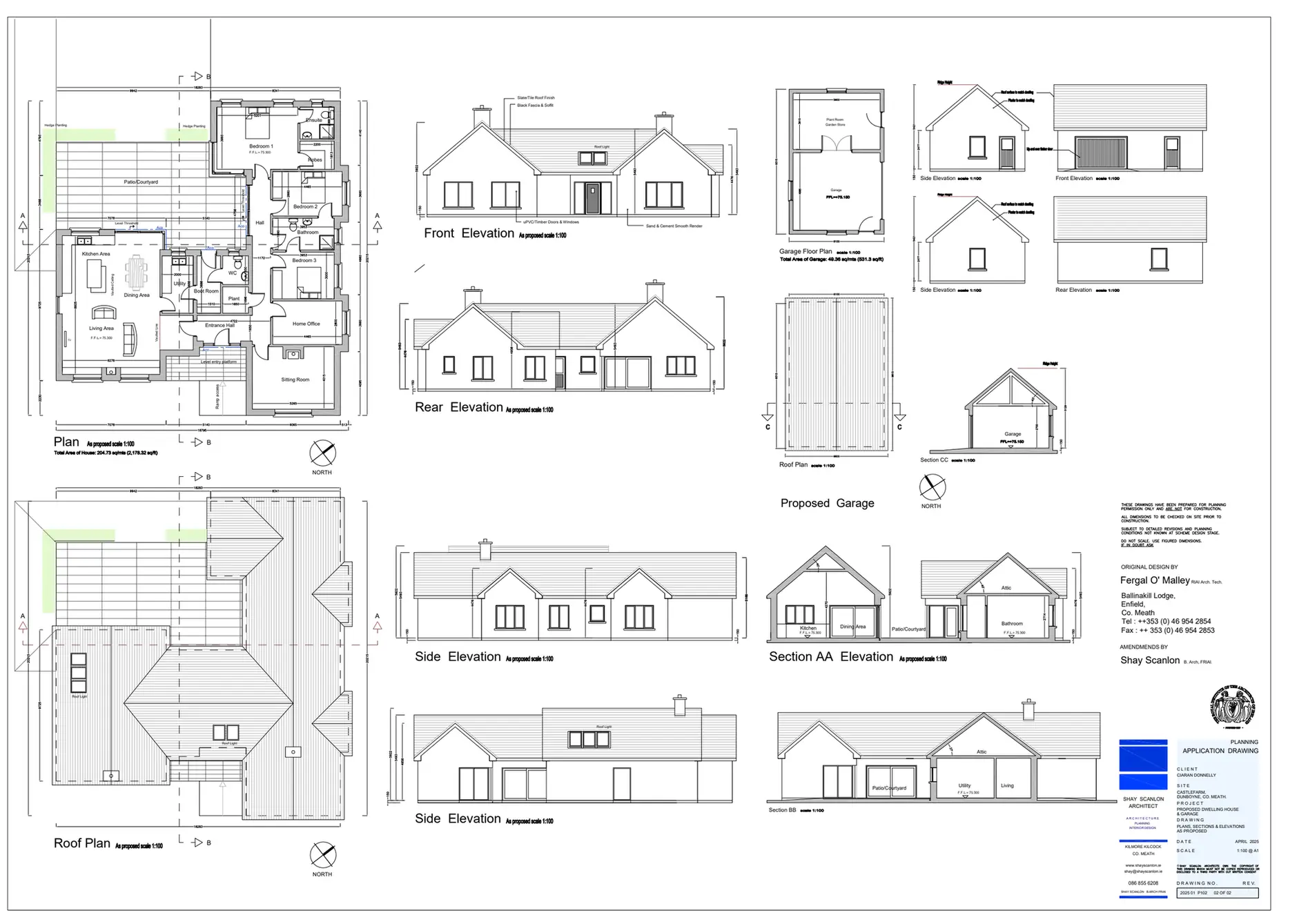 Architectural drawing sheet showing the house floor plan, roof plan, elevations, sections, and garage design.