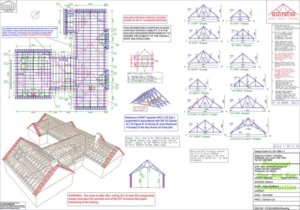 Structural roof drawing sheet showing the truss layout and a three-dimensional view of the roof structure.