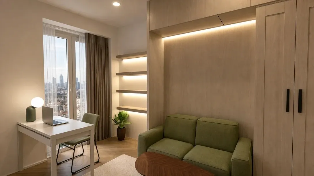 Home office and guest room with a desk, open shelving, storage and foldaway bed cabinetry