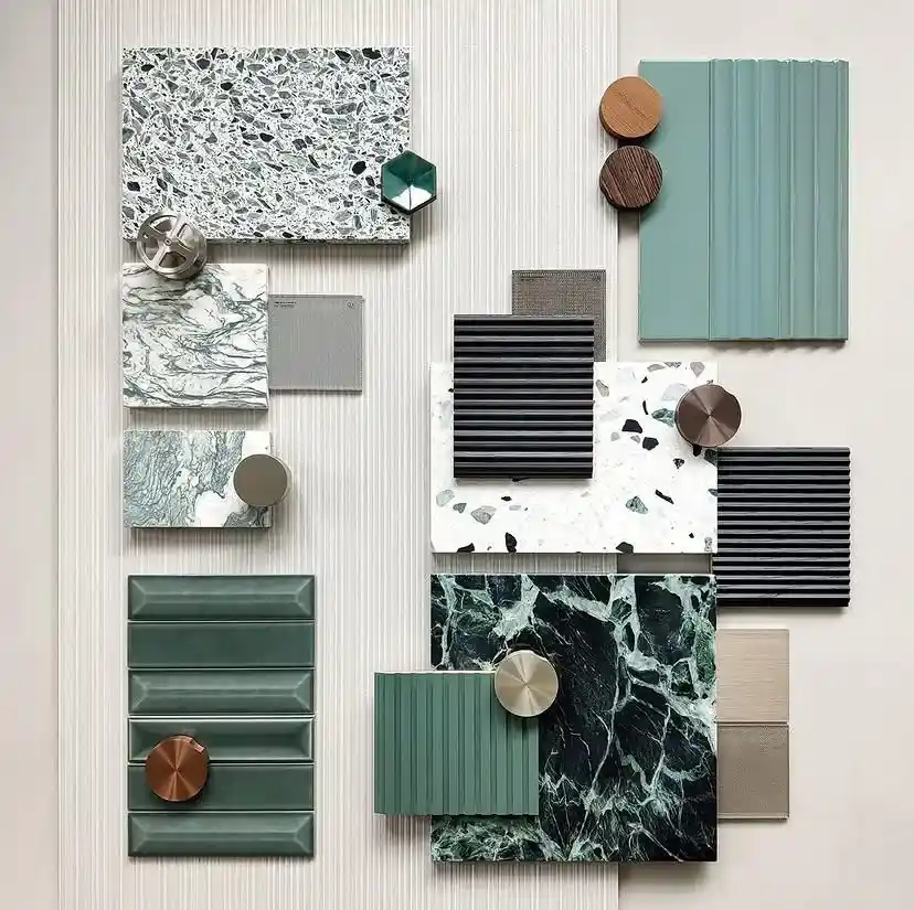 Interior design moodboard with light neutrals, green accents, stone and textured finishes