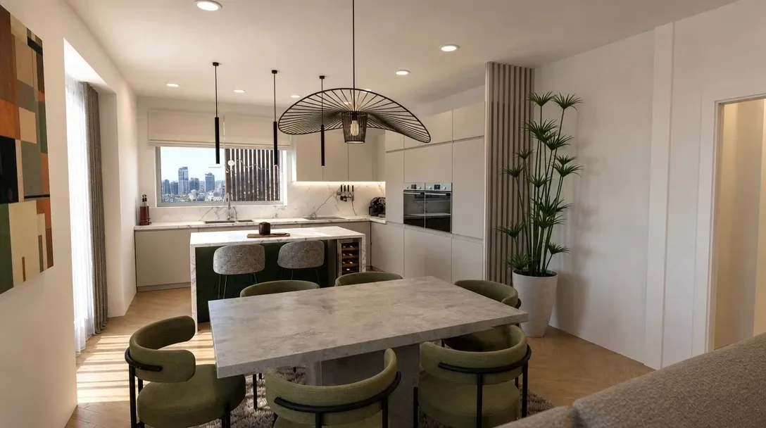 Modern dining area with a grey stone table and muted green chairs in an open-plan apartment