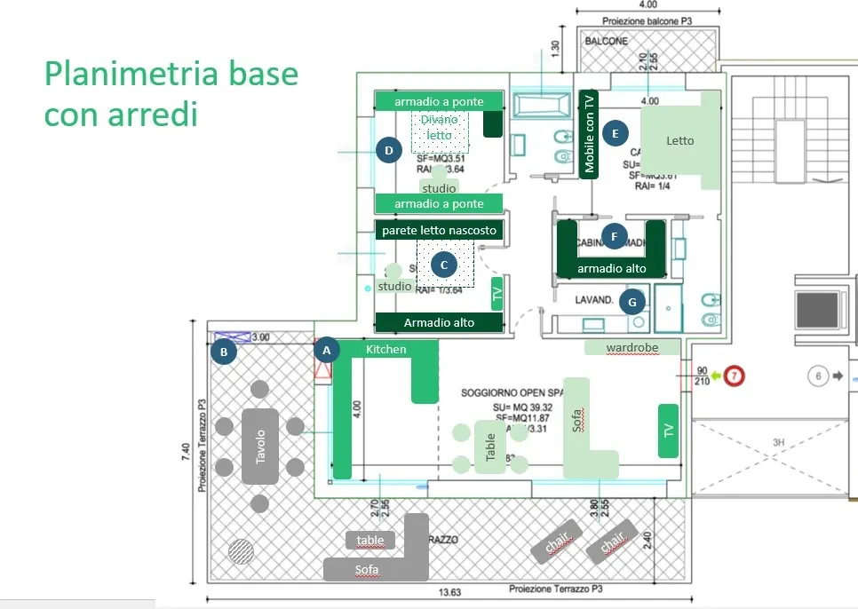 Apartment floor plan with client notes for furniture, kitchen and room layouts