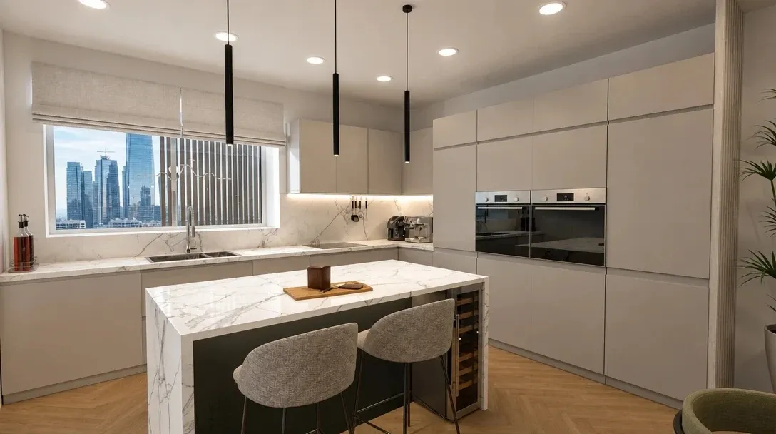 3D kitchen design with pale cabinetry, marble surfaces and a central island