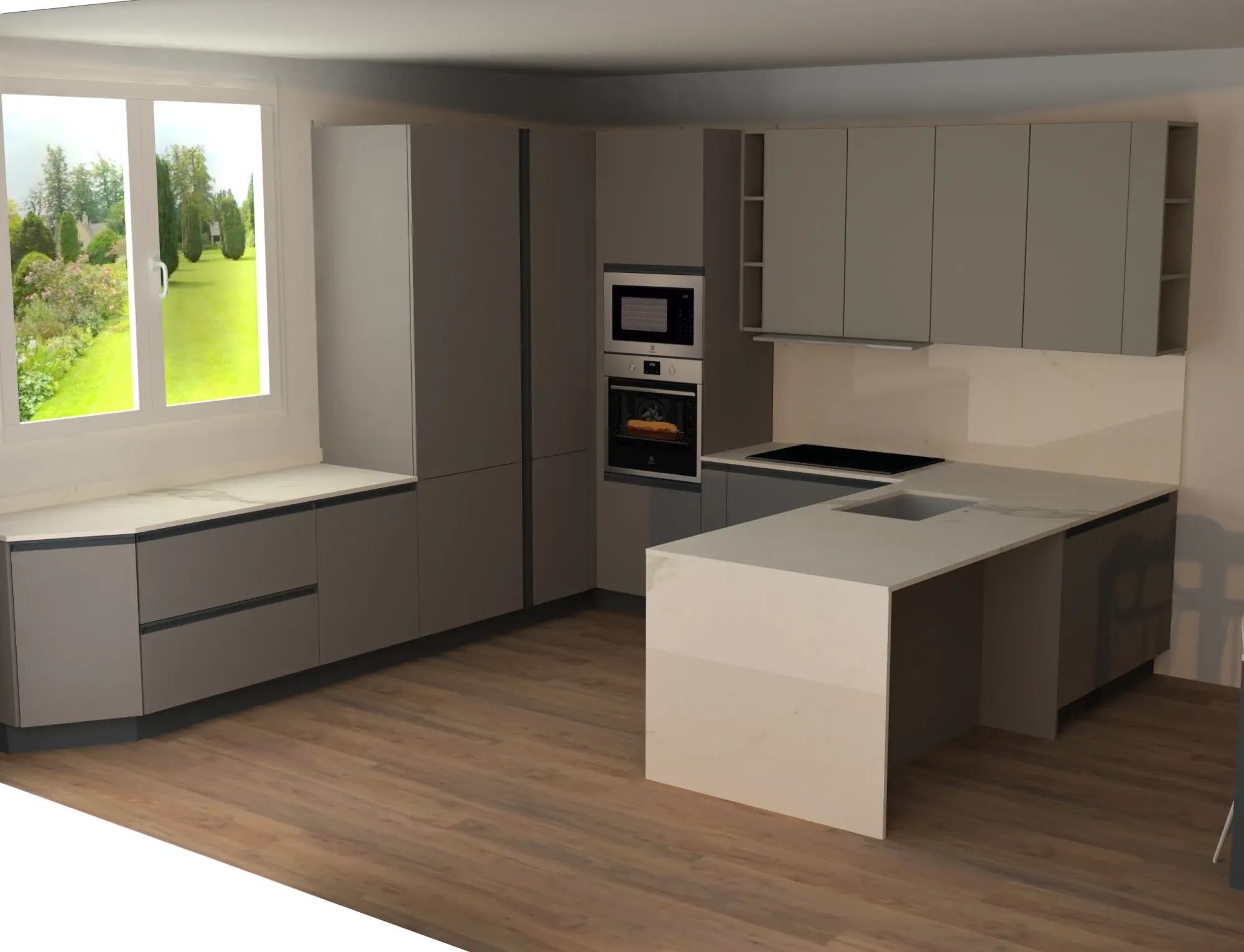 Client kitchen concept with grey cabinetry, marble countertops and a peninsula layout