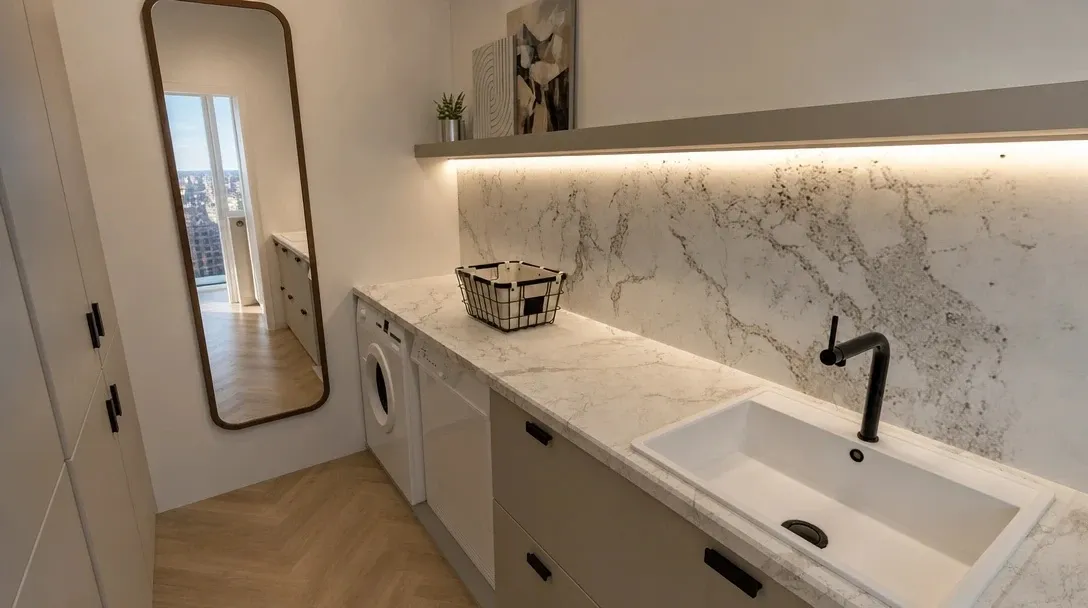 3D laundry room design with integrated storage, sink and a long stone worktop