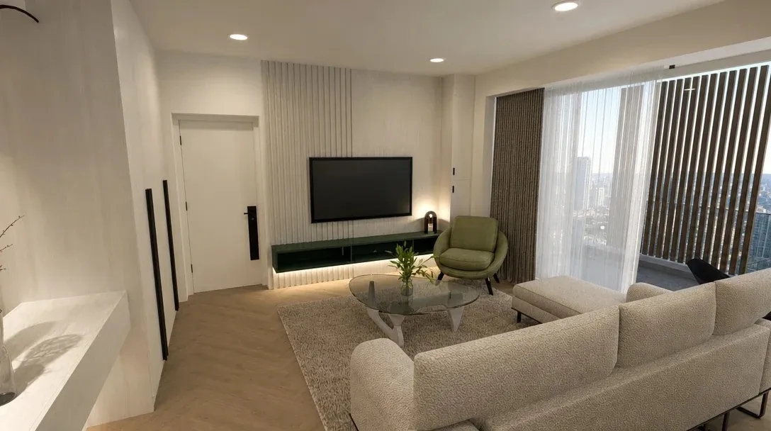 Living room TV wall with green storage, vertical wall detailing and integrated lighting