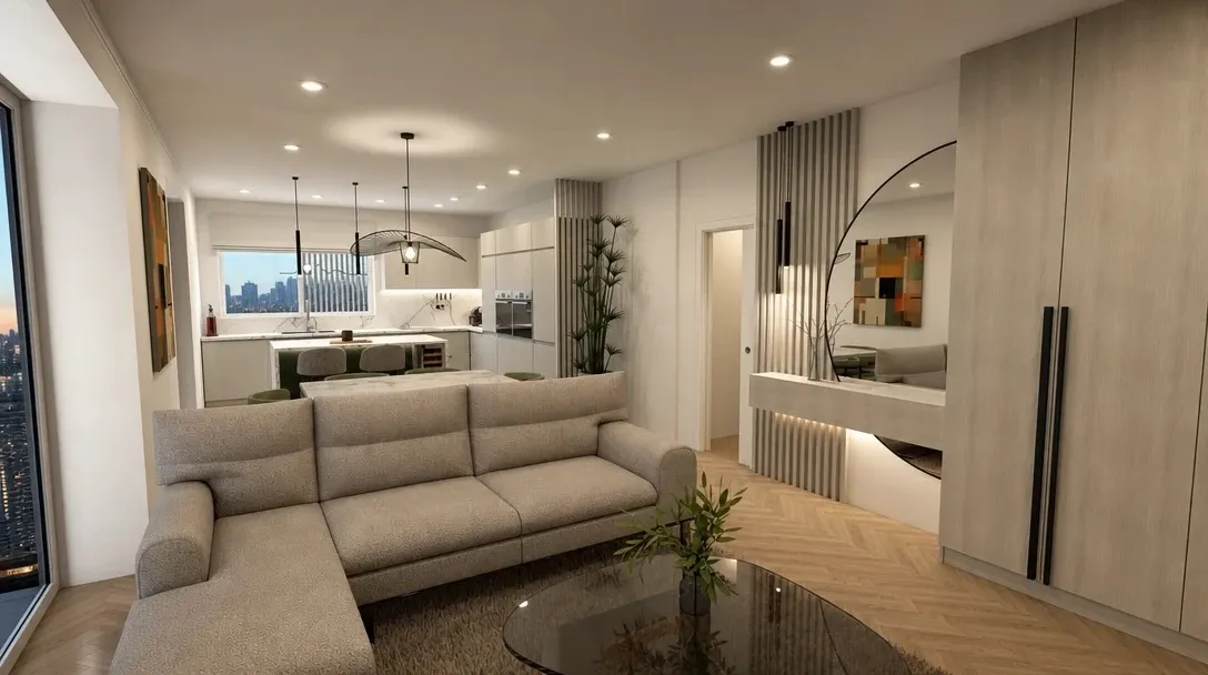Modern living room with a sectional sofa, neutral finishes and integrated open-plan design
