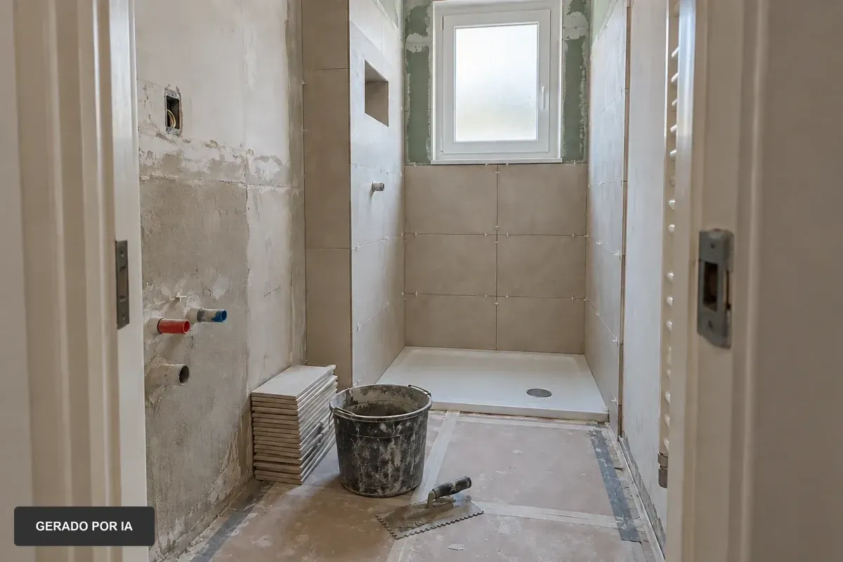 Banheiro estreito em obras com base de chuveiro instalada, revestimento parcial, balde e ferramentas.