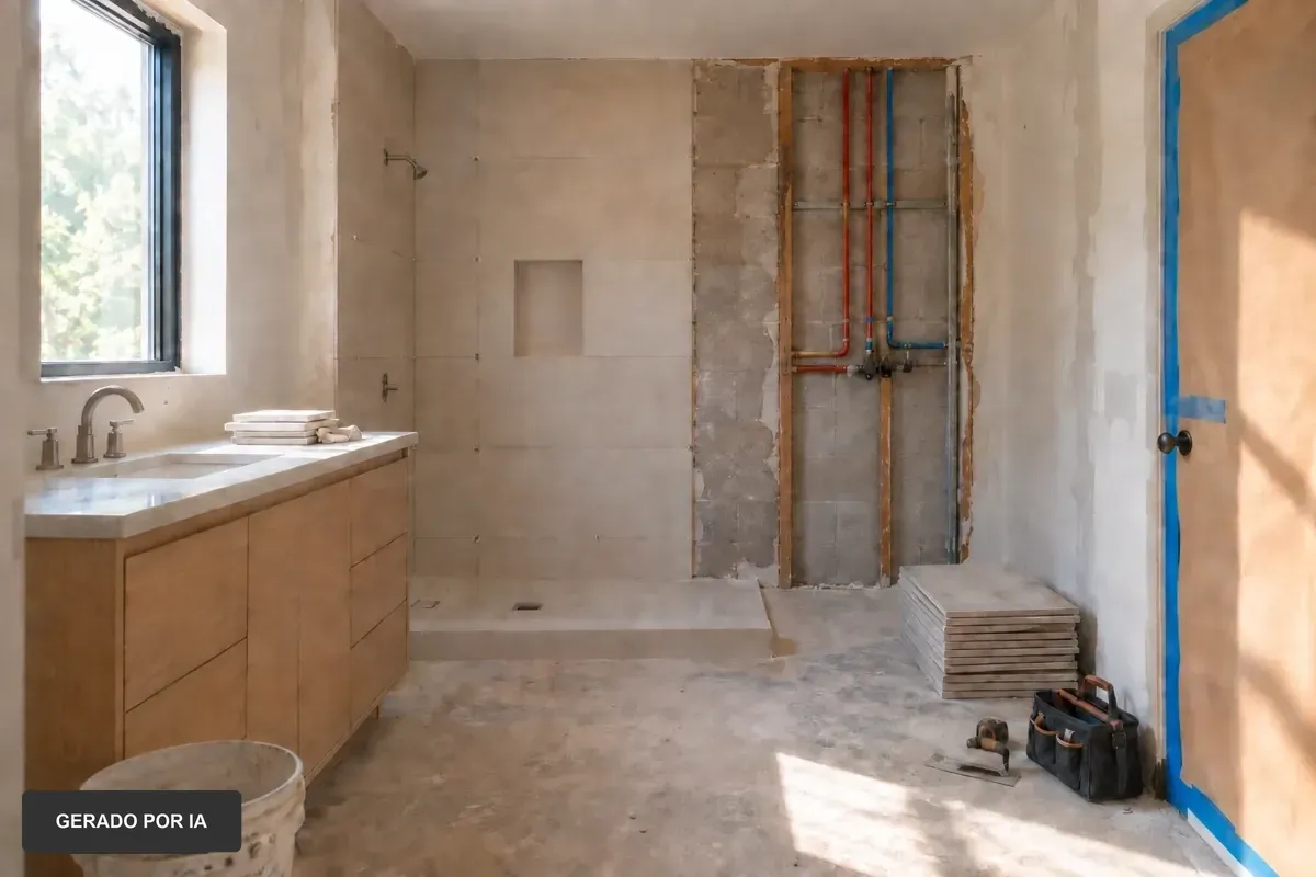 Banheiro em reforma com parede aberta e tubulações aparentes, ao lado do box e da bancada instalada.Banheiro estreito em obras com base de chuveiro instalada, revestimento parcial, balde e ferramentas.