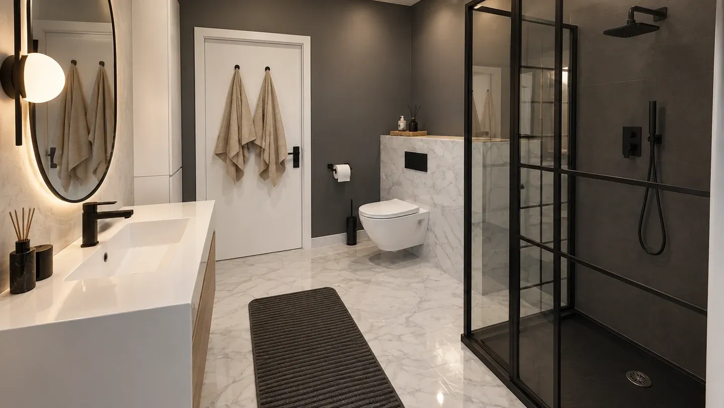 Compact master bathroom with black-framed walk-in shower, wall-hung toilet, pale vanity, and marble-look floor