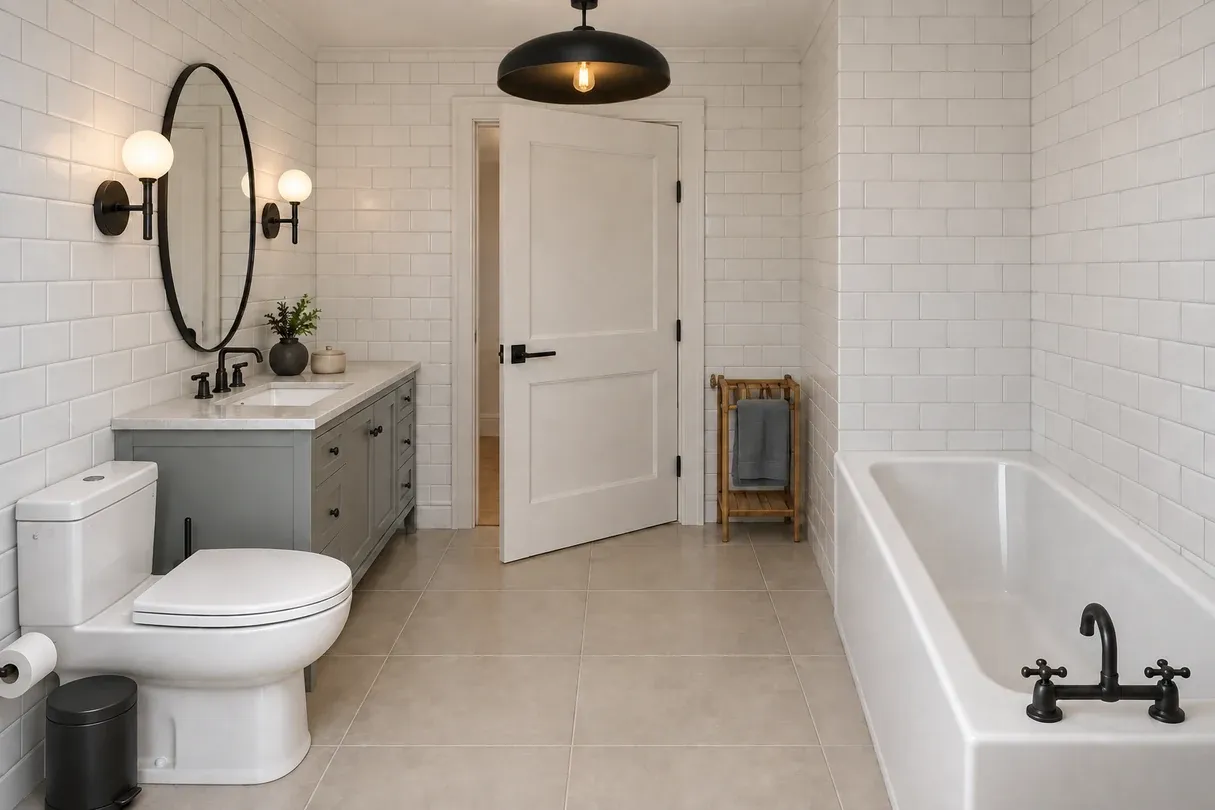 Compact master bathroom with gray vanity, white tile walls, toilet, and bathtub