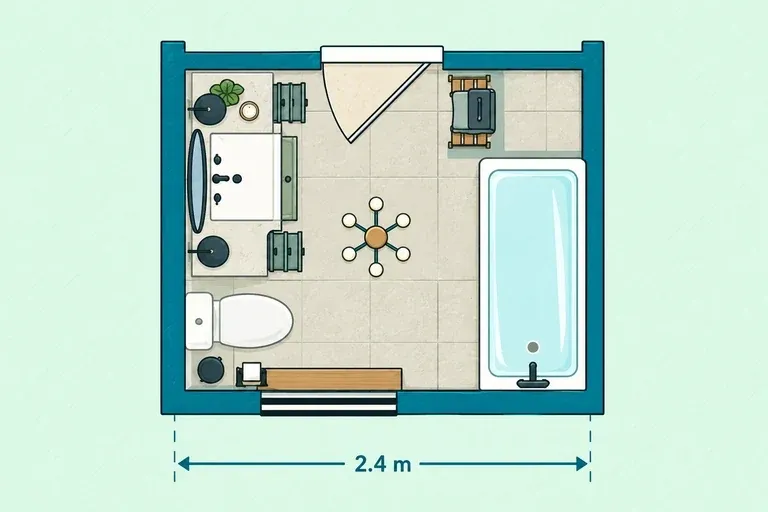 Compact master bathroom layout with vanity, toilet, and bathtub in a 2.4-meter-wide room