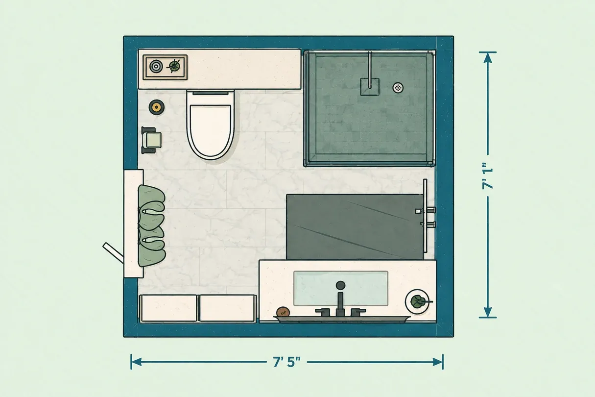 Compact master bathroom layout with walk-in shower, toilet, vanity, and perimeter storage
