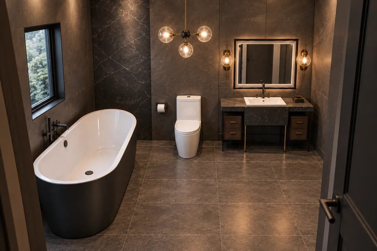 Dark modern master bathroom with black freestanding tub, toilet, dark vanity, and globe lighting