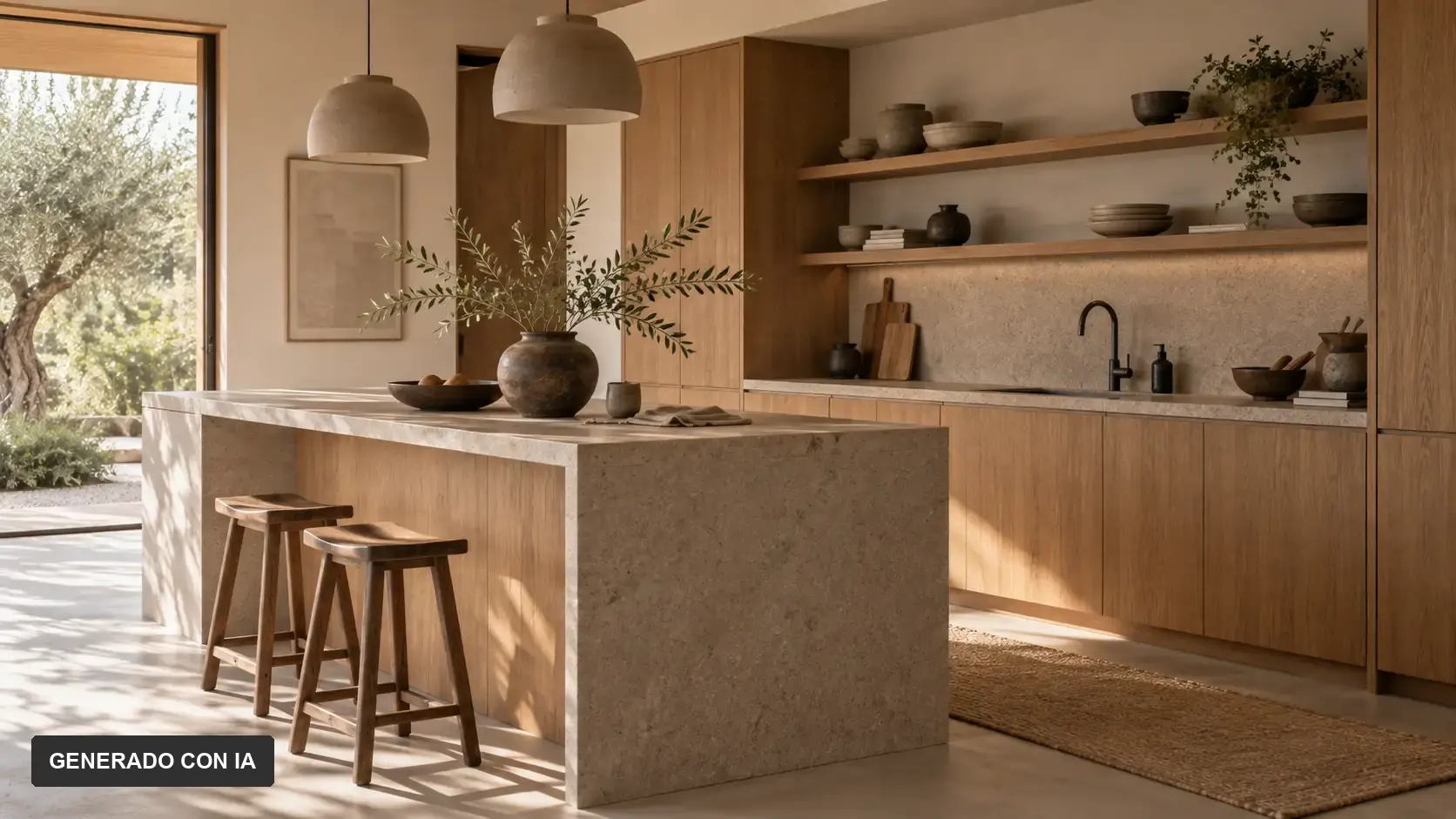 Cocina Japandi con isla de piedra, armarios de madera, estantes abiertos y luz natural.