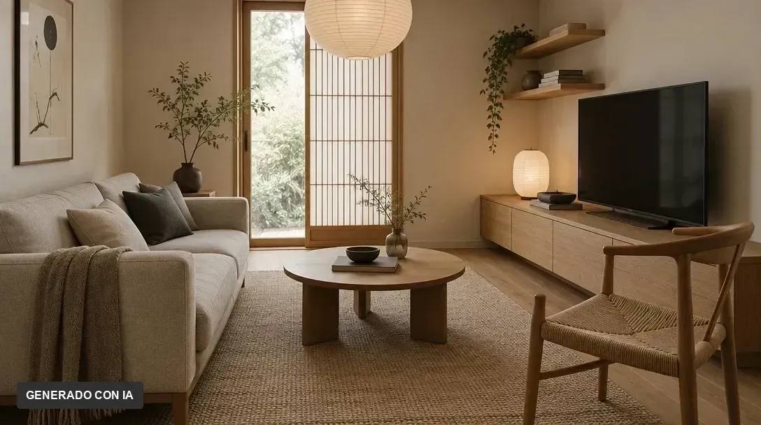 Sala Japandi con sofá claro, mesa baja de madera, sillón tejido y puertas de estilo japonés.