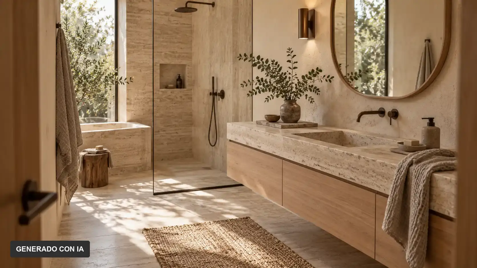 Baño Japandi con lavabo de piedra, ducha de vidrio, muebles de madera y luz natural.