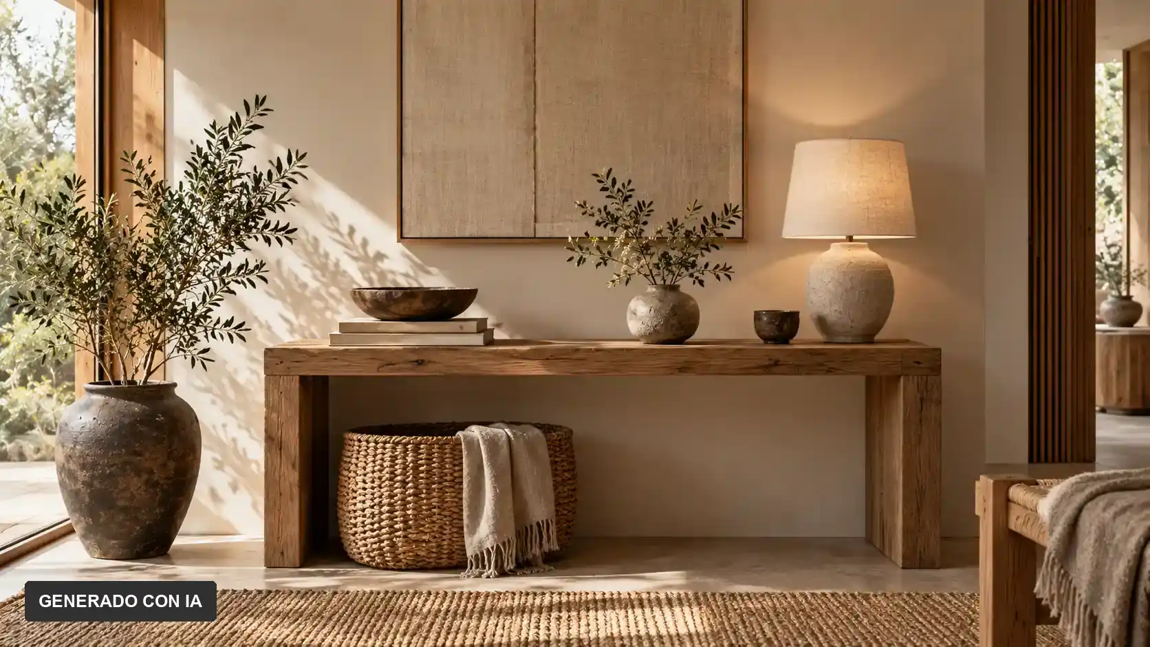 Consola de madera con jarrones, ramas, cesto tejido y textiles en tonos neutros.