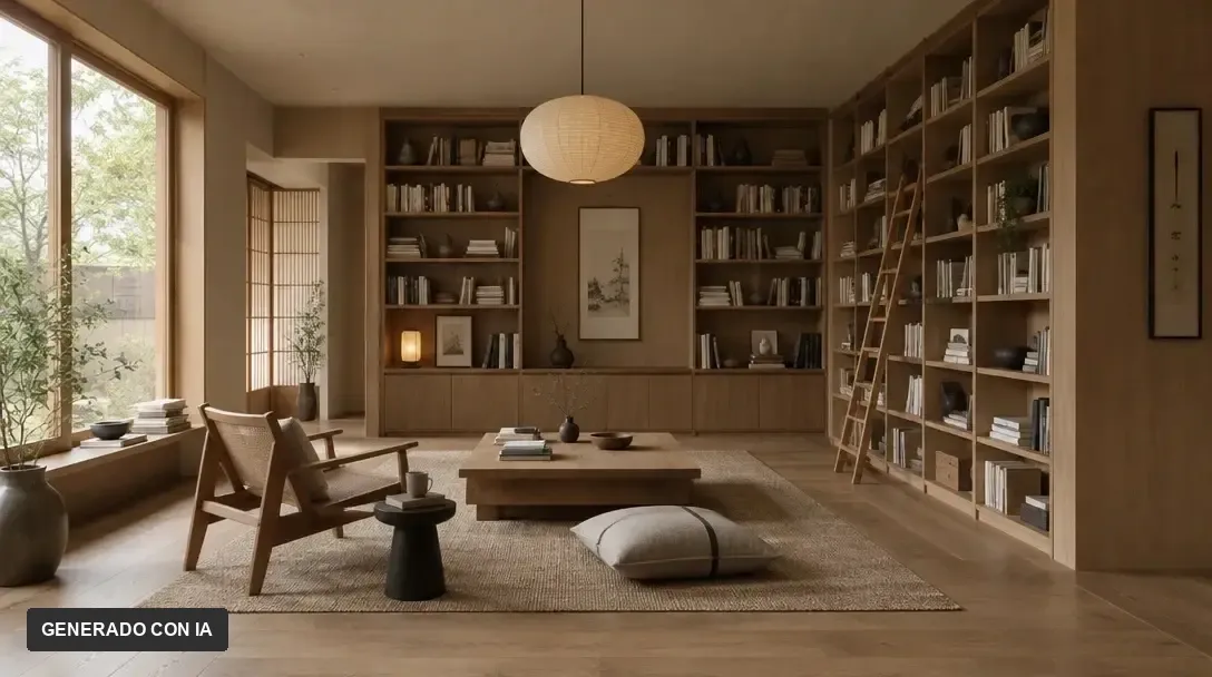 Sala de lectura Japandi con estanterías de madera, sillones bajos y una lámpara de papel.