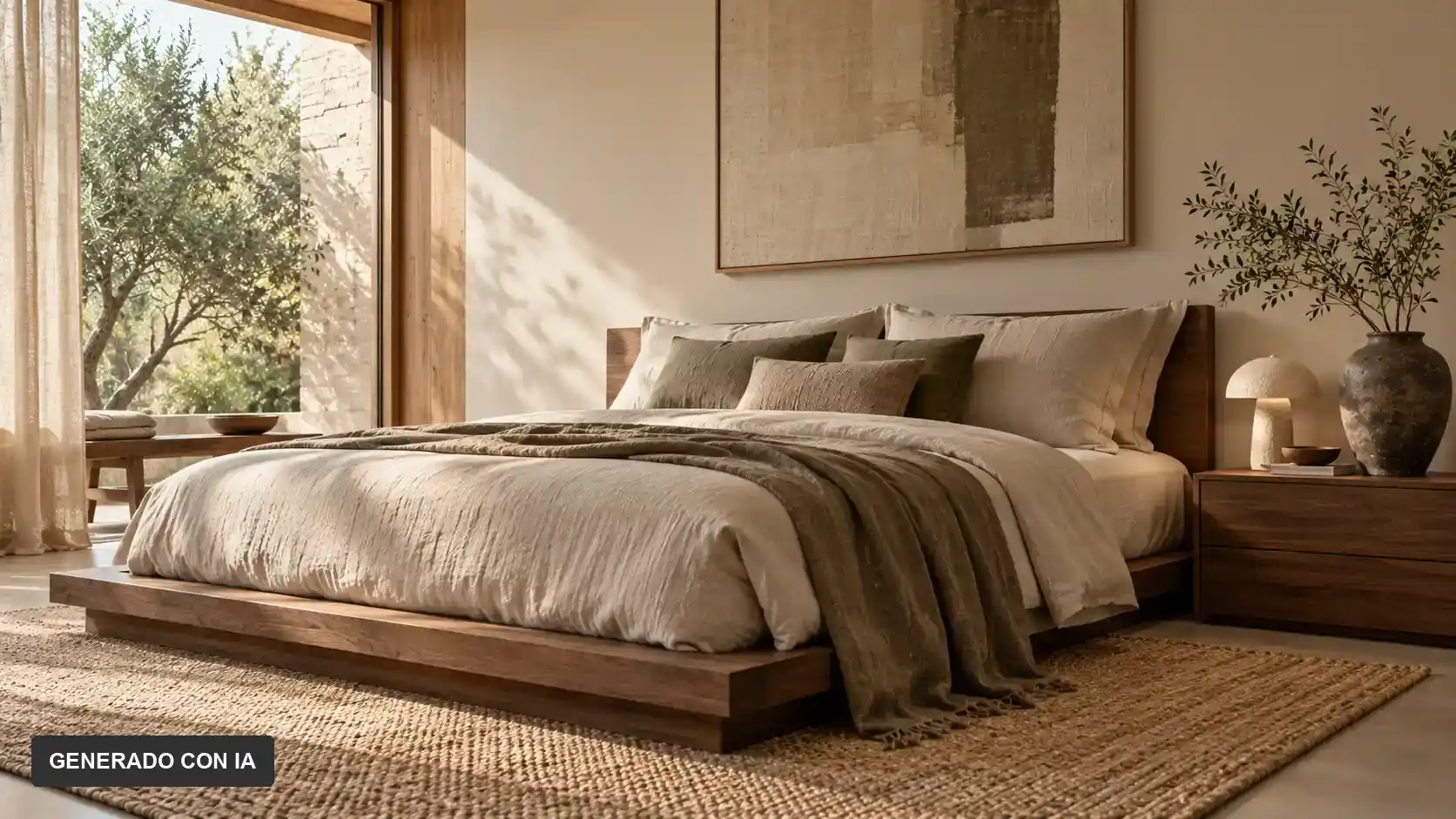 Dormitorio Japandi con cama baja, ropa de cama de lino, alfombra tejida y luz natural.