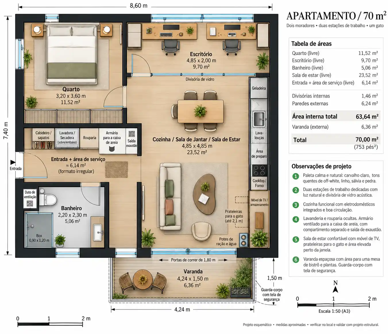 Planta do apartamento com medidas, com um quarto, escritório, uma sala de estar em plano aberto, uma varanda e um banheiro junto à entrada.