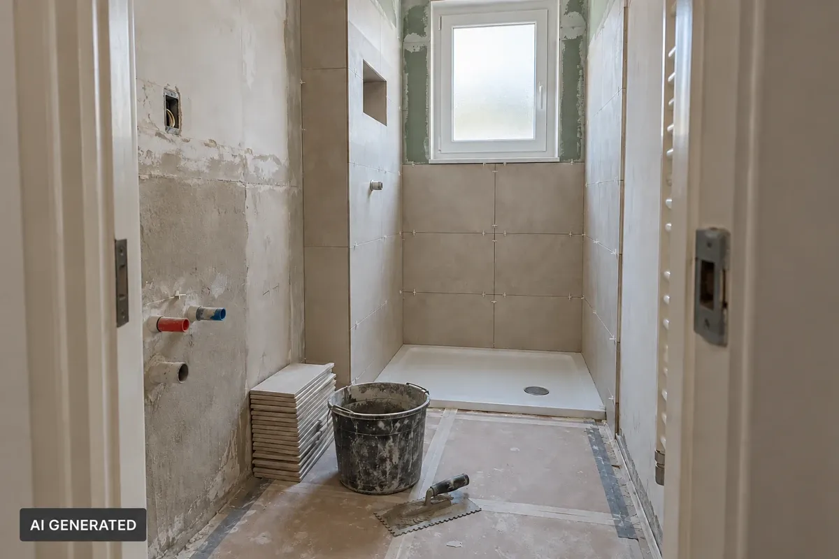 AI-generated small bathroom under renovation, with partially tiled shower walls, exposed plumbing and tools.