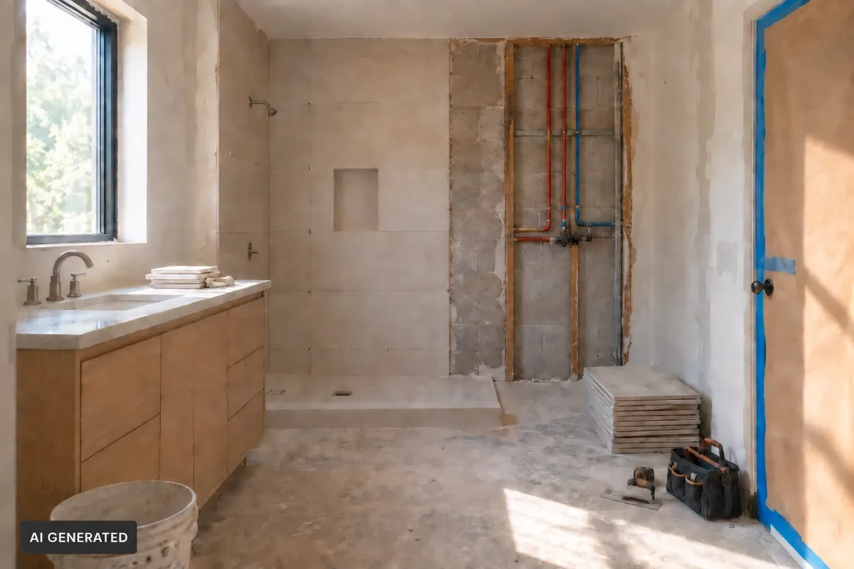 AI-generated bathroom renovation with exposed wall pipes, unfinished flooring and stacked tiles.