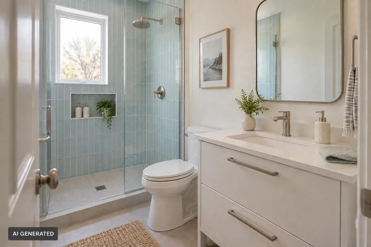 AI-generated compact bathroom with a white vanity, toilet and glass shower lined with pale blue tiles.