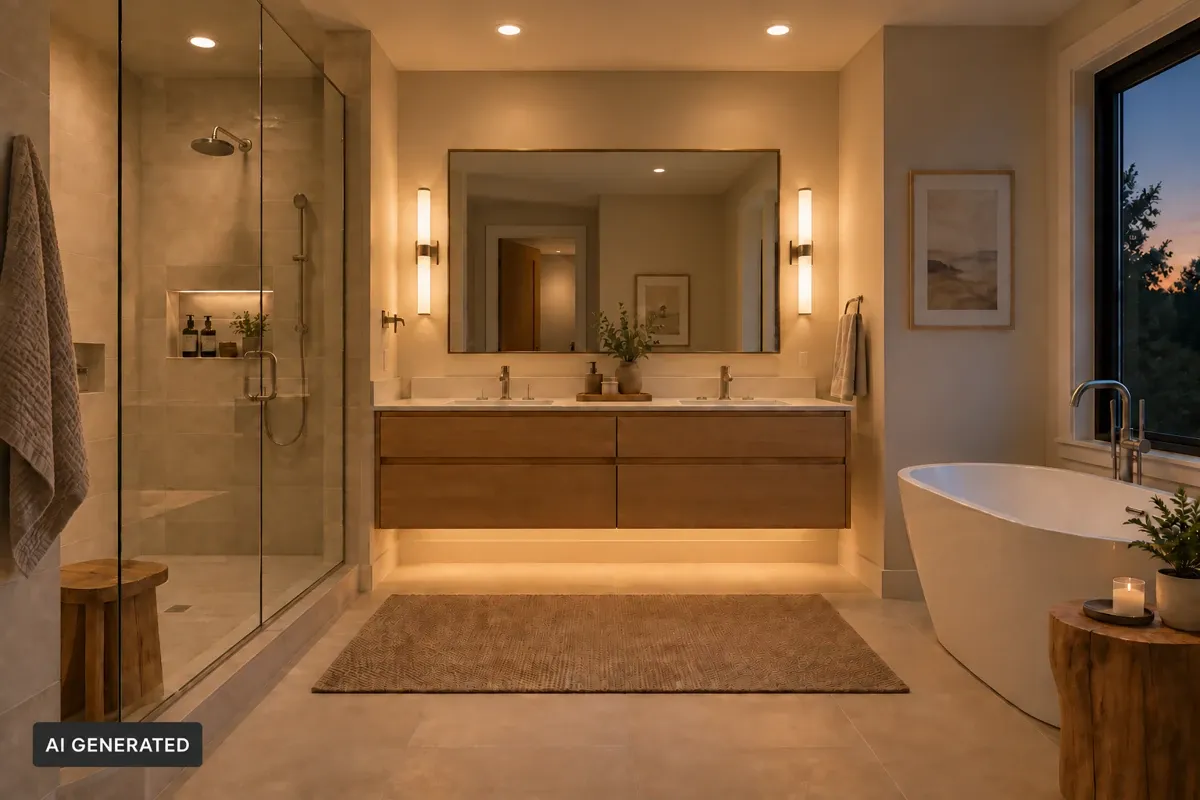 AI-generated bathroom with ceiling downlights, mirror sconces, shower lighting and lighting beneath a floating vanity.