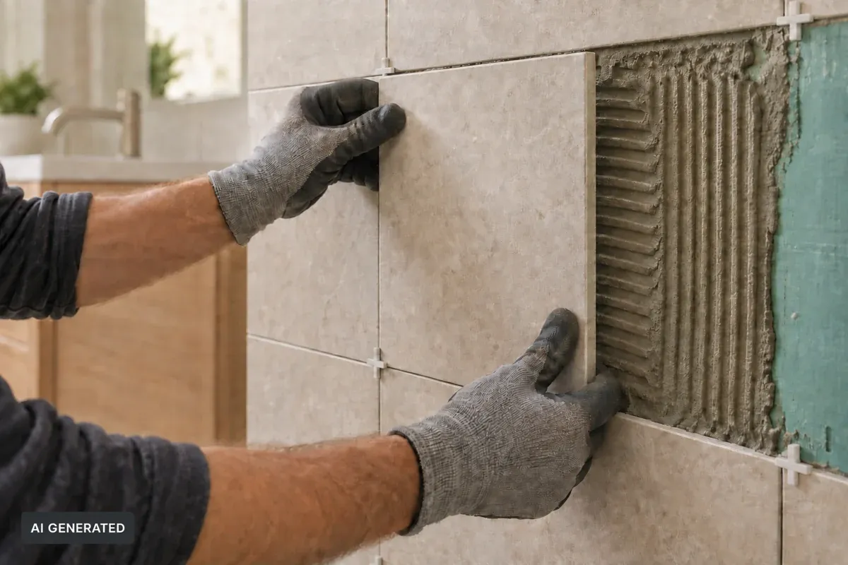 AI-generated close-up of gloved hands fitting a beige wall tile beside exposed tile adhesive and spacers.