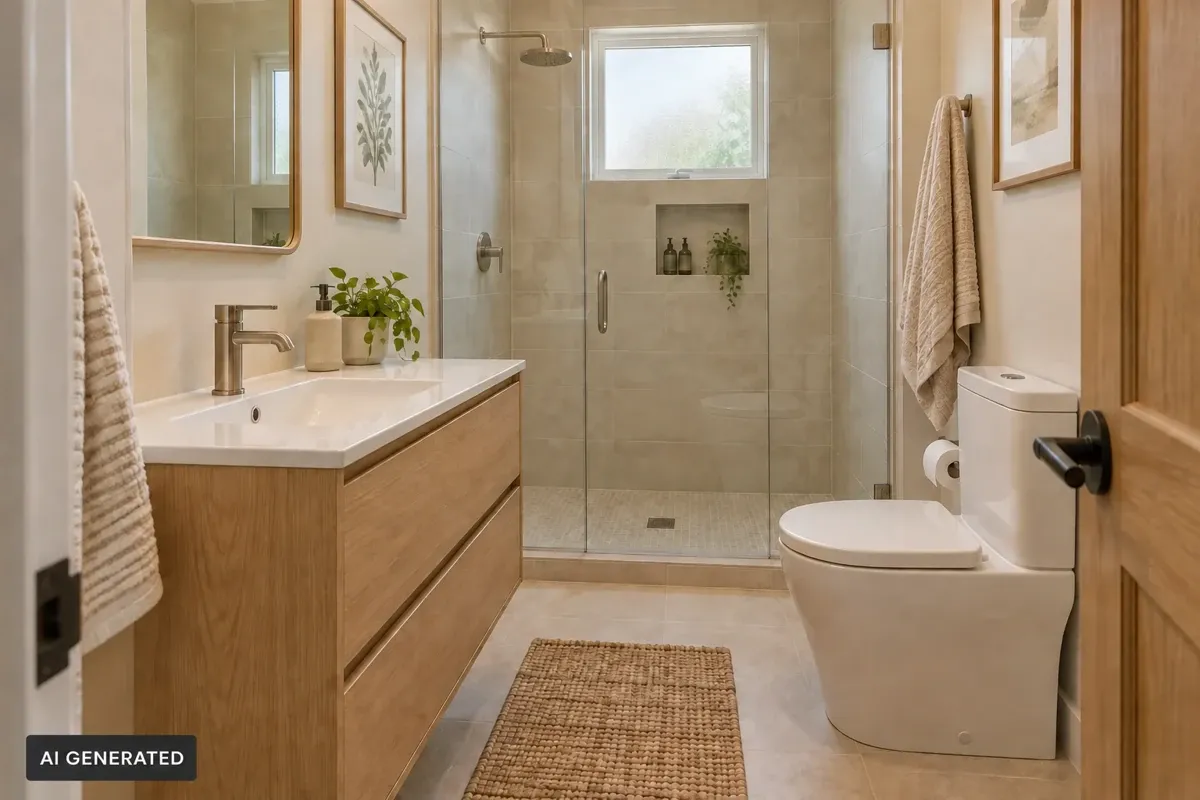 AI-generated small bathroom with an oak vanity, compact toilet and clear glass shower enclosure.