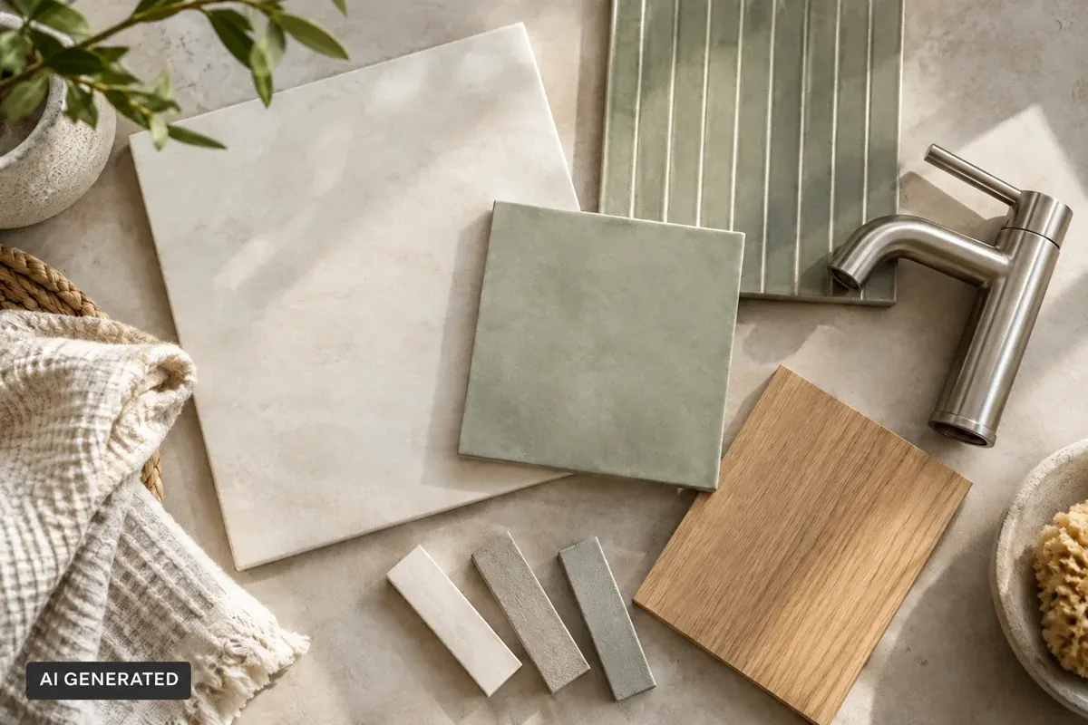 AI-generated arrangement of beige and sage tile samples, an oak sample and a brushed nickel faucet.