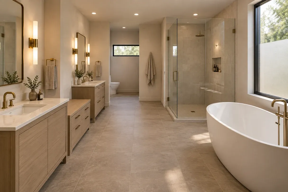Large neutral master bathroom with two wood vanities, glass shower, and freestanding tub