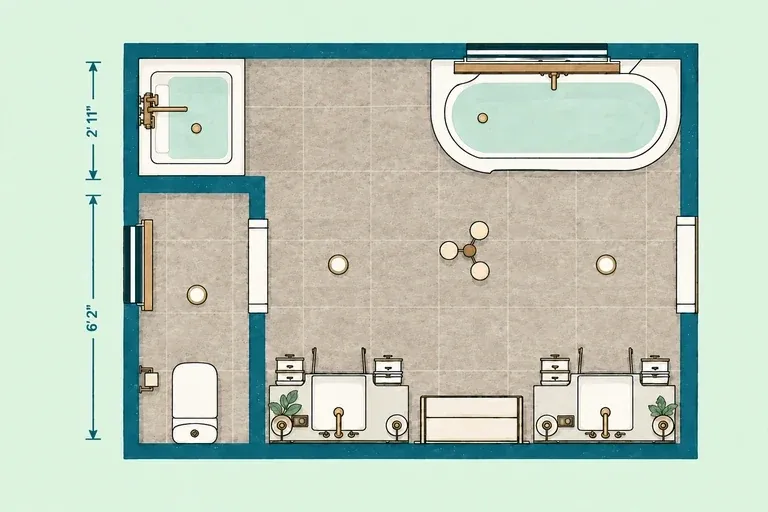 Large master bathroom layout with two vanities, shower, bathtub, and screened toilet area