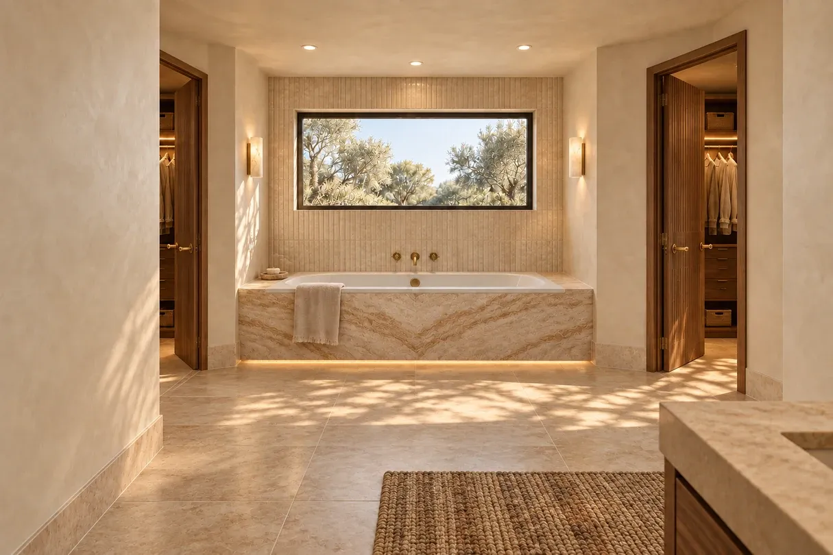 Master bathroom with stone-clad centered tub, wide window, and dark wood dressing areas on both sides