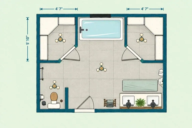 Master bathroom layout with centered bathtub, two dressing areas, double vanity, and screened toilet