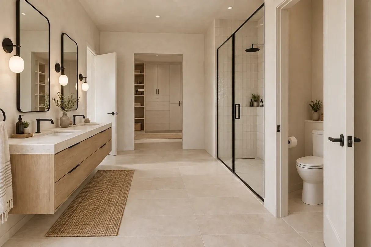 Neutral master bathroom with double vanity, glass shower, private toilet room, and closet beyond