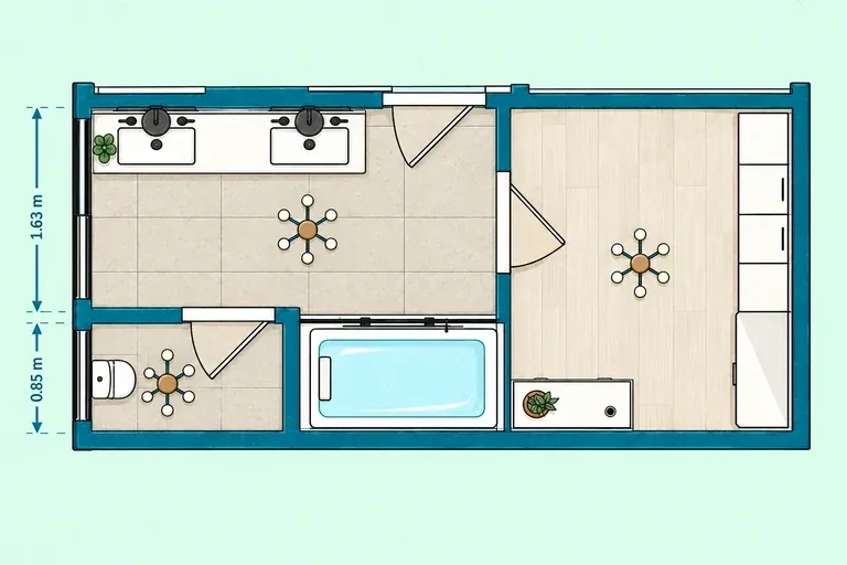 Long master bathroom layout with double vanity, private toilet room, tub, and adjoining dressing area