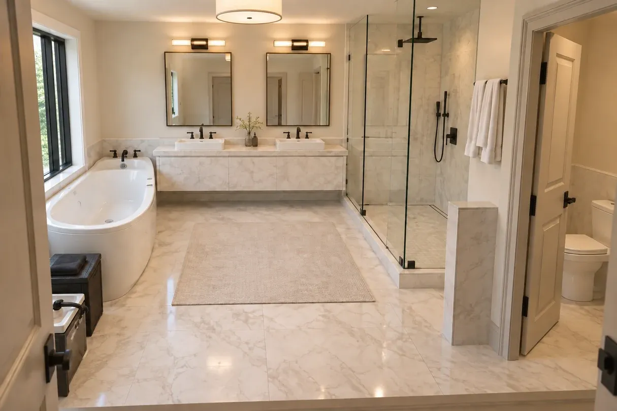 Bright master bathroom with double vanity, tub, glass shower, and separate toilet room