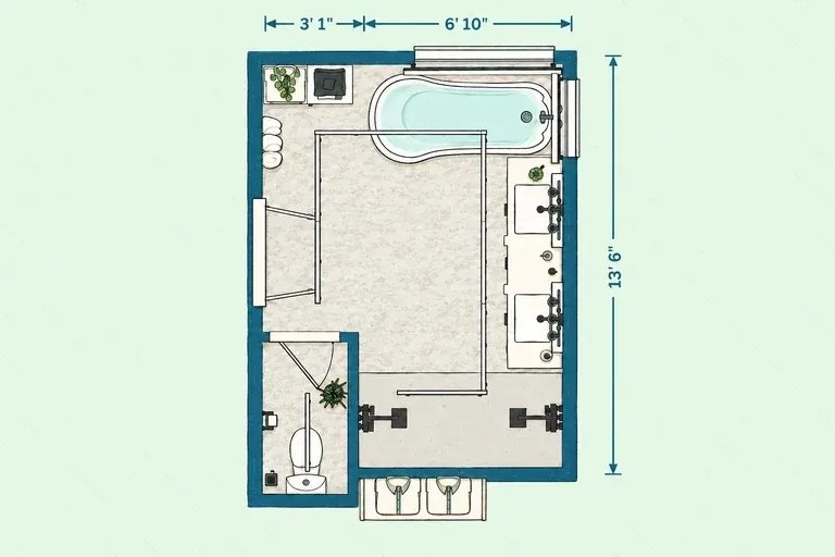 Master bathroom layout with double vanity, separate tub and shower, and private toilet room