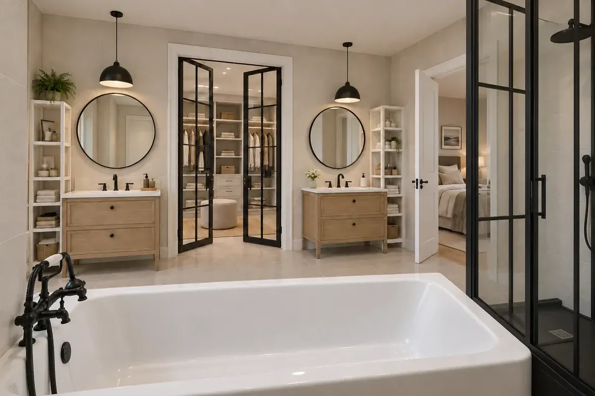 Master bathroom with two wood vanities, round mirrors, bathtub, and black-framed shower